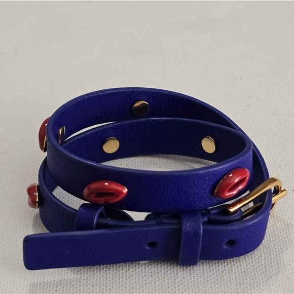 Tory‎ Burch Blue Leather Wrap Bracelet Gold Tone Red Lips Charm Adjustable main image 7